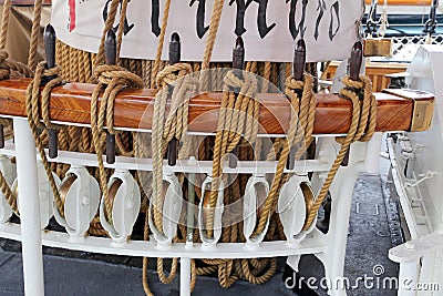 The three masted Palinuro, a historic Italian Navy training barquentine, moored in the Gaeta port. Editorial Stock Photo